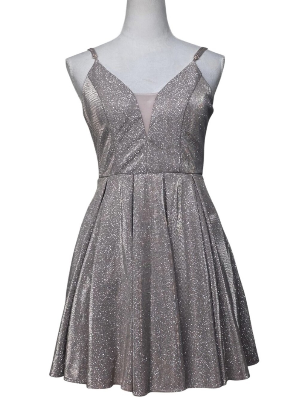 B Darlin Shimmer Taupe Backless Fit-and-Flare Dress Size 5/6